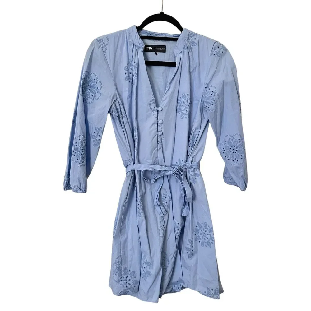ZARA Floral Eyelet Belted Mini Dress Light Blue Small - Picture 2 of 5